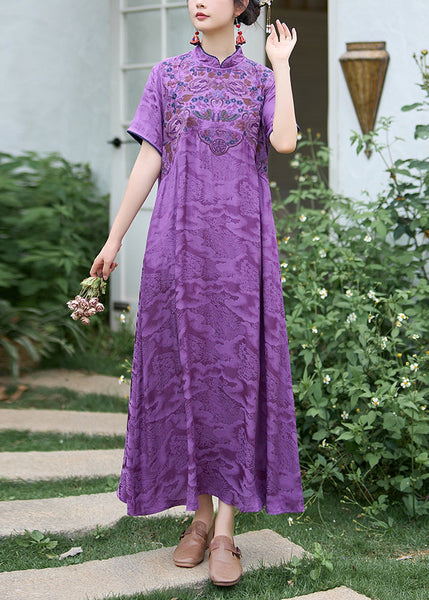 Chinese Style Purple Stand Collar Embroidered Silk Dress Summer WW1016 Ada Fashion