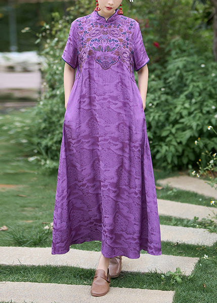Chinese Style Purple Stand Collar Embroidered Silk Dress Summer WW1016 Ada Fashion