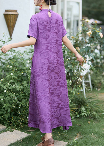 Chinese Style Purple Stand Collar Embroidered Silk Dress Summer WW1016 Ada Fashion