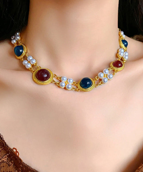 Chinese Style Rainbow Sterling Silver Alloy Pearl Resin Collar Necklace TX034