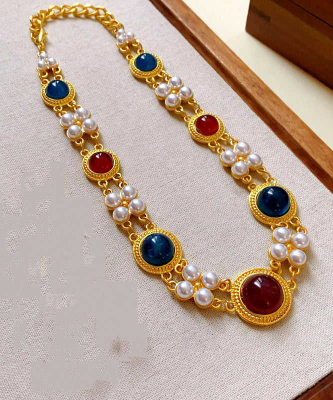 Chinese Style Rainbow Sterling Silver Alloy Pearl Resin Collar Necklace TX034