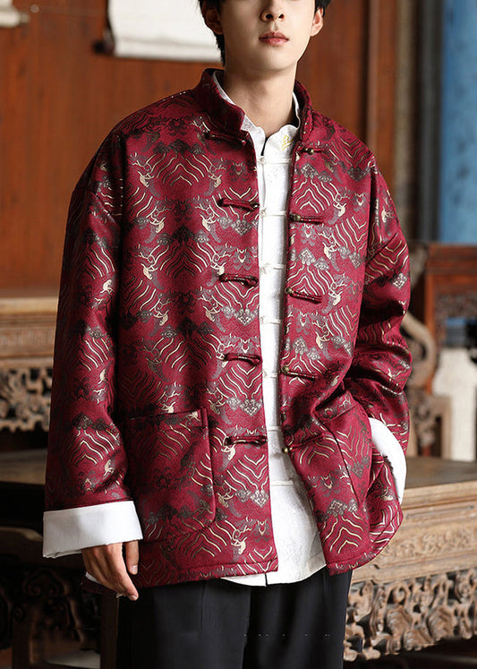 Chinese Style Red Button Pockets Silk Mens Coat Fall WJ030 MENCW241119