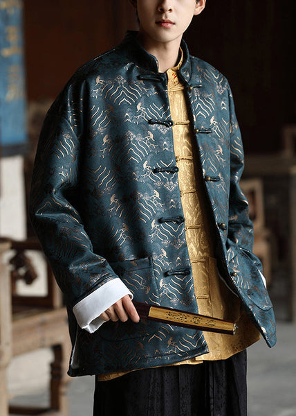 Chinese Style Red Button Pockets Silk Mens Coat Fall WJ030 MENCW241119