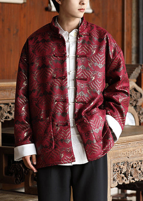 Chinese Style Red Button Pockets Silk Mens Coat Fall WJ030 MENCW241119