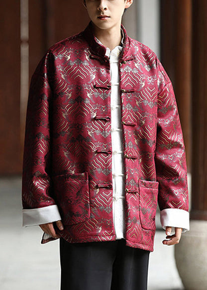 Chinese Style Red Button Pockets Silk Mens Coat Fall WJ030 MENCW241119