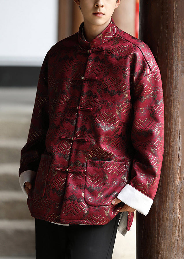 Chinese Style Red Button Pockets Silk Mens Coat Fall WJ030 MENCW241119