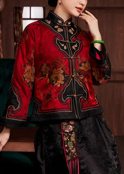 Chinese Style Red Button Print Patchwork Silk Two Pieces Set Fall Ada Fashion