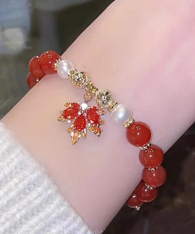 Chinese Style Red Copper Alloy Agate Maple Leaf Pearl Charm Bracelet YI044 ABC