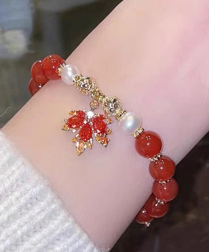 Chinese Style Red Copper Alloy Agate Maple Leaf Pearl Charm Bracelet YI044 ABC