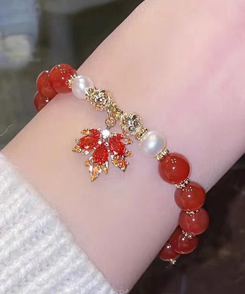 Chinese Style Red Copper Alloy Agate Maple Leaf Pearl Charm Bracelet YI044 ABC
