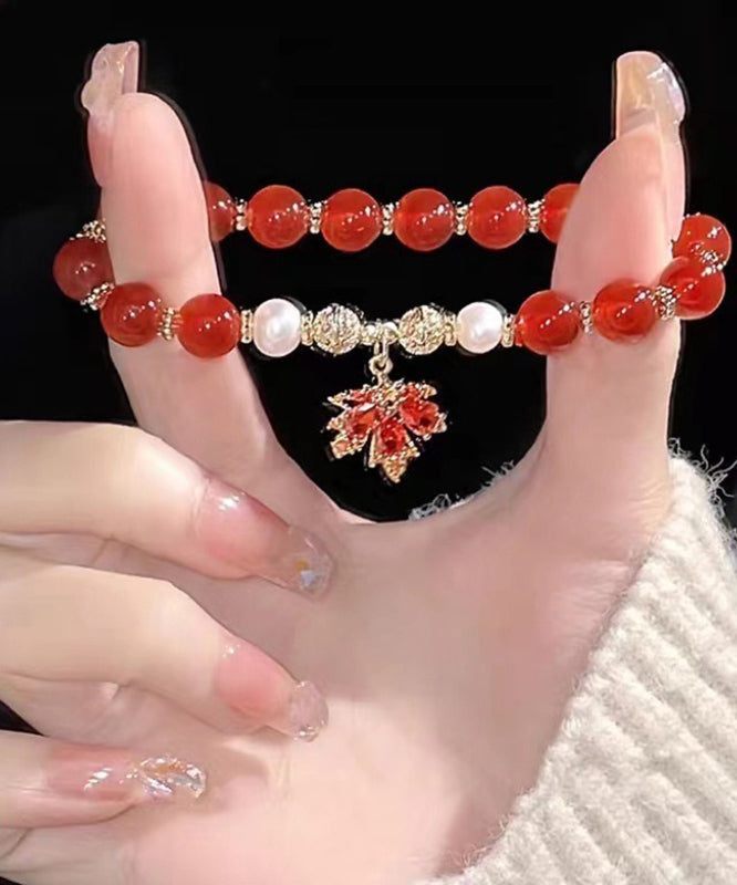 Chinese Style Red Copper Alloy Agate Maple Leaf Pearl Charm Bracelet YI044 ABC