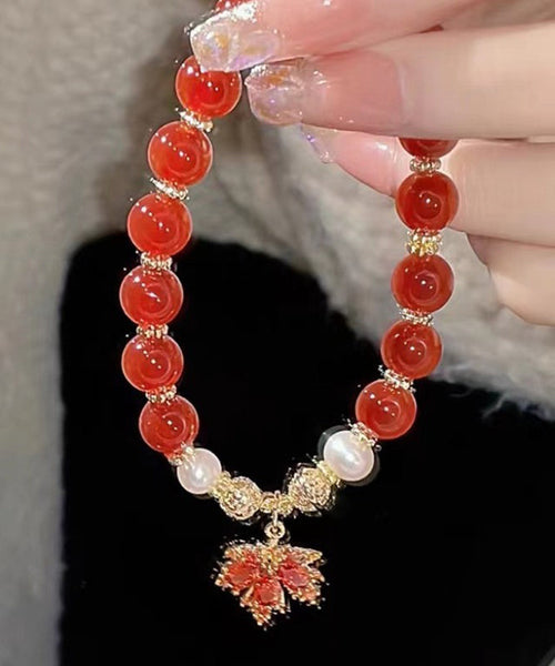 Chinese Style Red Copper Alloy Agate Maple Leaf Pearl Charm Bracelet YI044 ABC