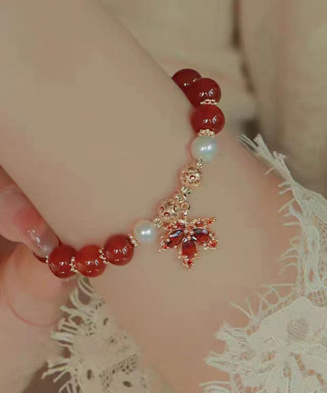 Chinese Style Red Copper Alloy Agate Maple Leaf Pearl Charm Bracelet YI044 ABC