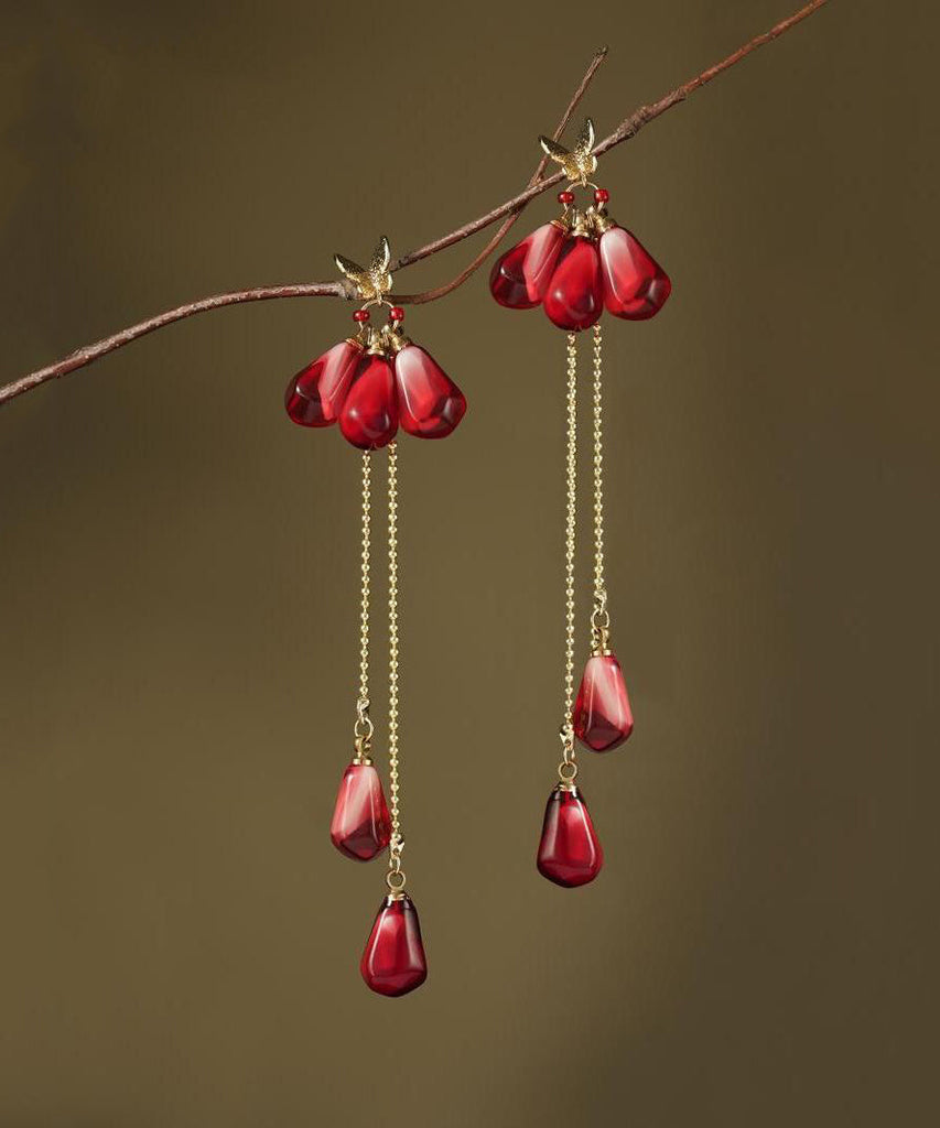 Chinese Style Red Copper Overgild Resin Glass Beads Tassel Drop Earrings QJ036 JEW-EAR241021