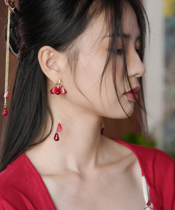 Chinese Style Red Copper Overgild Resin Glass Beads Tassel Drop Earrings QJ036 JEW-EAR241021