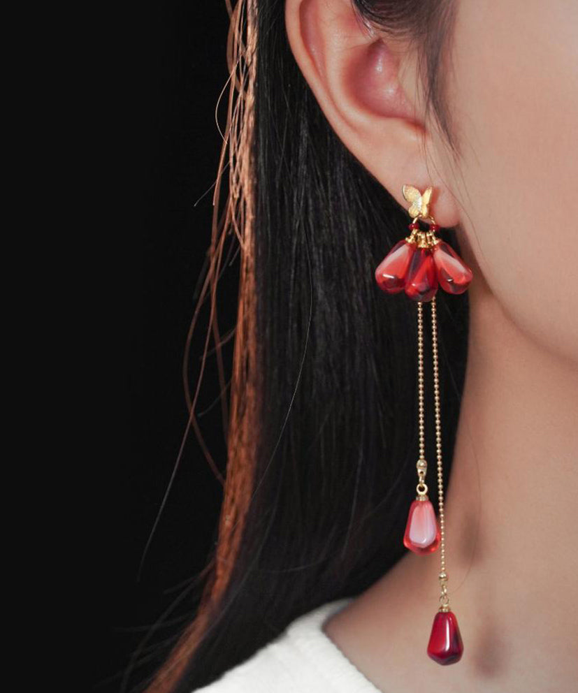 Chinese Style Red Copper Overgild Resin Glass Beads Tassel Drop Earrings QJ036 JEW-EAR241021