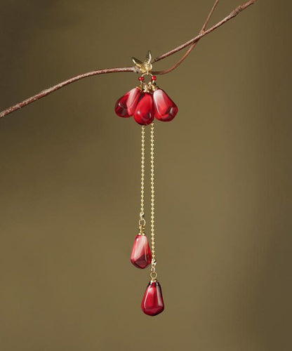 Chinese Style Red Copper Overgild Resin Glass Beads Tassel Drop Earrings QJ036 JEW-EAR241021