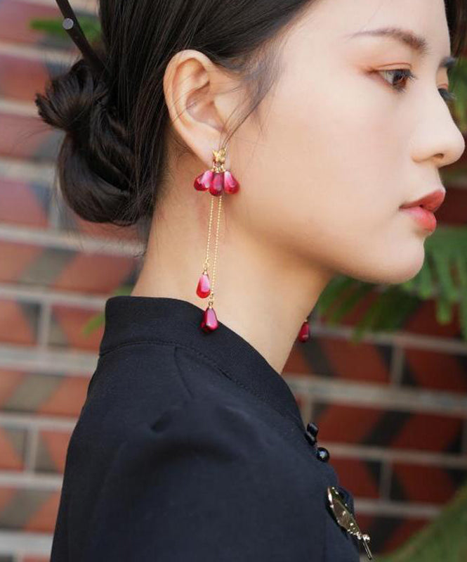 Chinese Style Red Copper Overgild Resin Glass Beads Tassel Drop Earrings QJ036 JEW-EAR241021