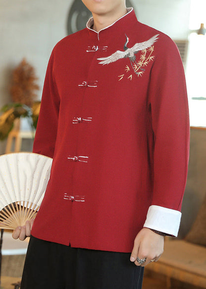 Chinese Style Red Embroideried Button Cotton Shirt Men Fall WJ039 MENLTP241119