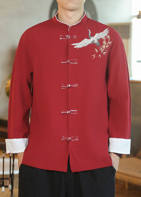 Chinese Style Red Embroideried Button Cotton Shirt Men Fall WJ039 MENLTP241119