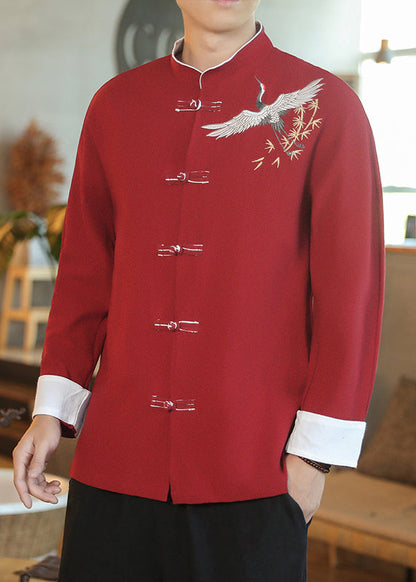 Chinese Style Red Embroideried Button Cotton Shirt Men Fall WJ039 MENLTP241119