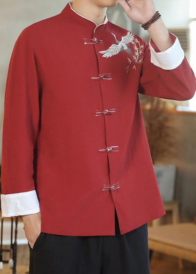 Chinese Style Red Embroideried Button Cotton Shirt Men Fall WJ039 MENLTP241119