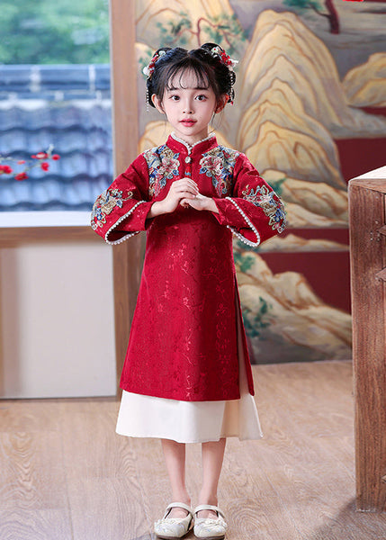 Chinese Dress Kids Embroideried Maxi Red Nail Bead Style Spring FashionChic