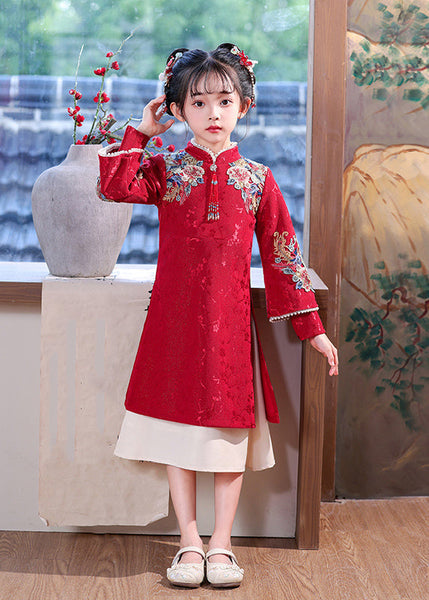 Chinese Dress Kids Embroideried Maxi Red Nail Bead Style Spring FashionChic