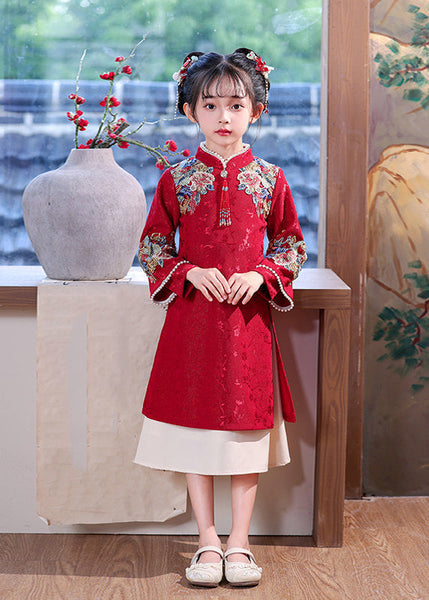 Chinese Dress Kids Embroideried Maxi Red Nail Bead Style Spring FashionChic
