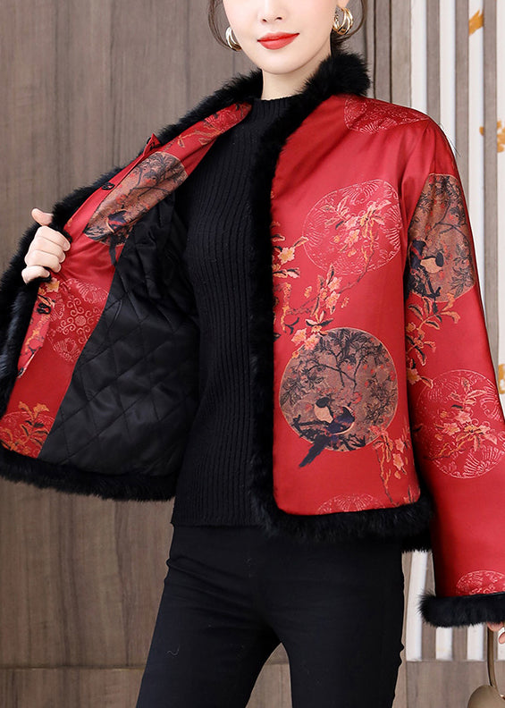 Chinese Style Red Fur Collar Print Patchwork Cotton Filled Coats Winter QG044 OM-DJK241016