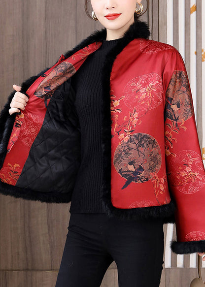 Chinese Style Red Fur Collar Print Patchwork Cotton Filled Coats Winter QG044 OM-DJK241016