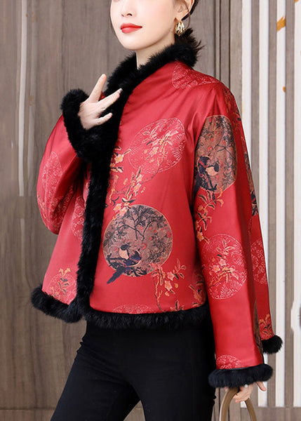 Chinese Style Red Fur Collar Print Patchwork Cotton Filled Coats Winter QG044 OM-DJK241016