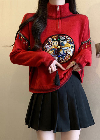 Chinese Style Red Hign Neck Embroidered Knit Sweaters Spring TQ032 ABC