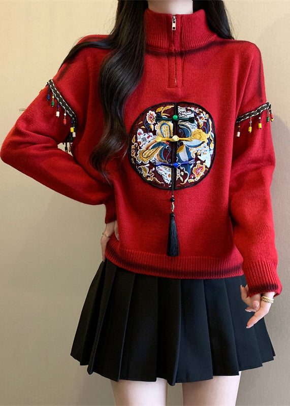 Chinese Style Red Hign Neck Embroidered Knit Sweaters Spring TQ032 ABC