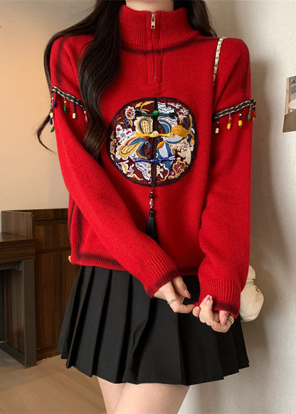 Chinese Style Red Hign Neck Embroidered Knit Sweaters Spring TQ032 ABC