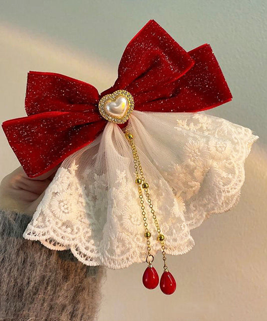 Chinese Style Red Metal Pearl Lace Butterfly Tassel Hairpin YA039 ABC