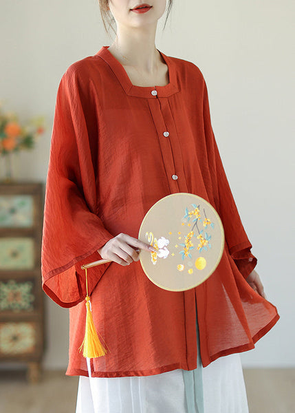 Chinese Style Red Patchwork Square Collar Silk Linen Top Fall AP066 GK-LTP240718