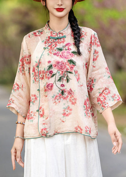 Bracelet Chinese Print Shirt Sleeve Linen Button Style Red FashionChic