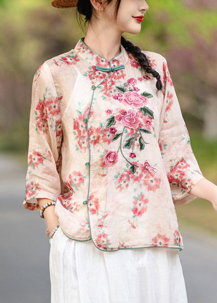 Bracelet Chinese Print Shirt Sleeve Linen Button Style Red FashionChic