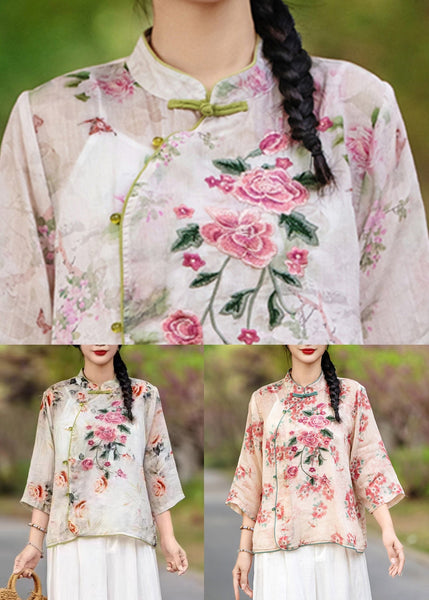 Bracelet Chinese Print Shirt Sleeve Linen Button Style Red FashionChic