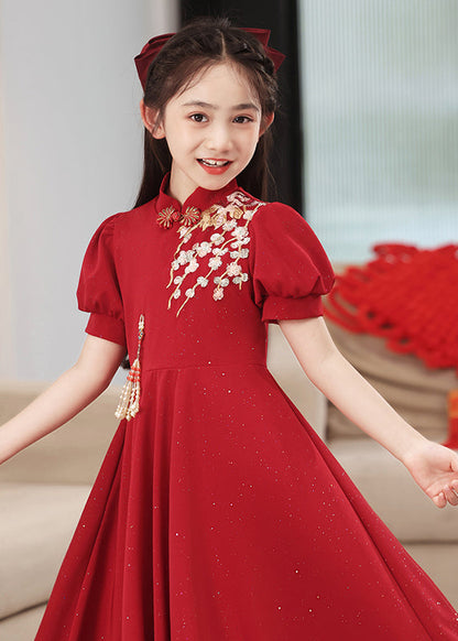 Chinese Long Print Kids Patchwork Style Sleeve Red Dress Puff FashionChic
