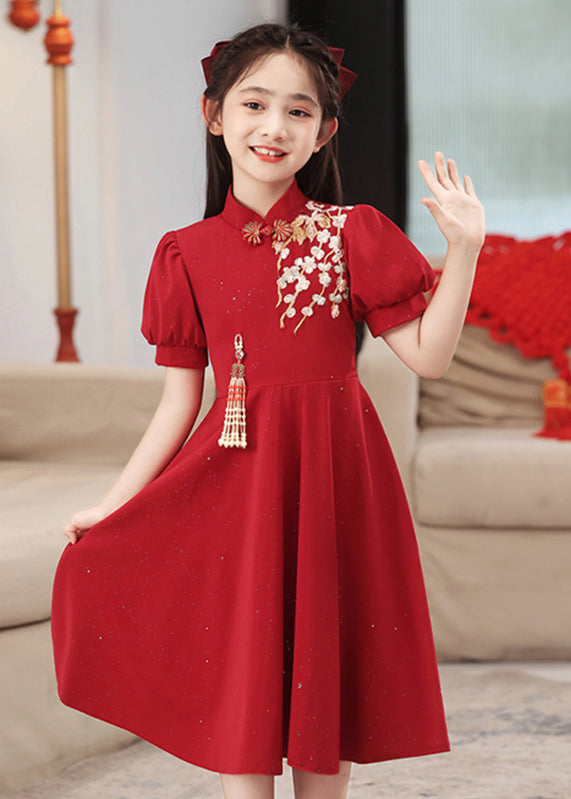 Chinese Long Print Kids Patchwork Style Sleeve Red Dress Puff FashionChic