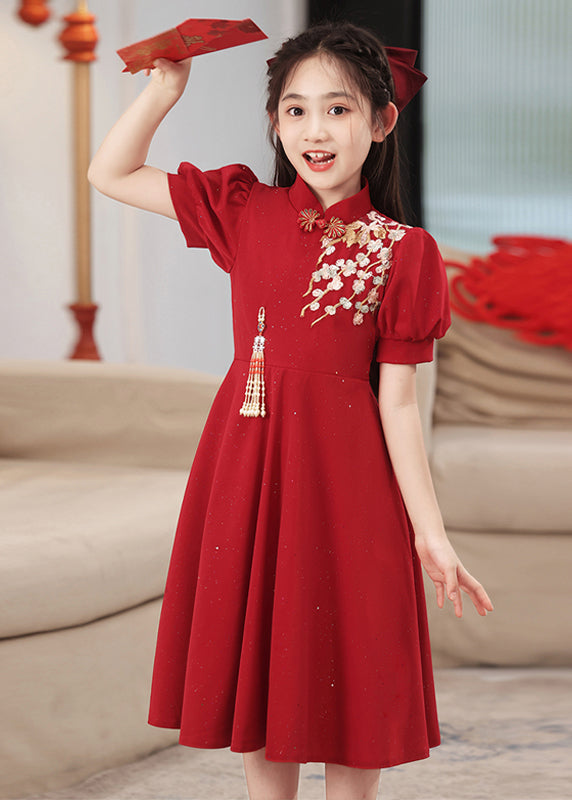 Chinese Long Print Kids Patchwork Style Sleeve Red Dress Puff FashionChic