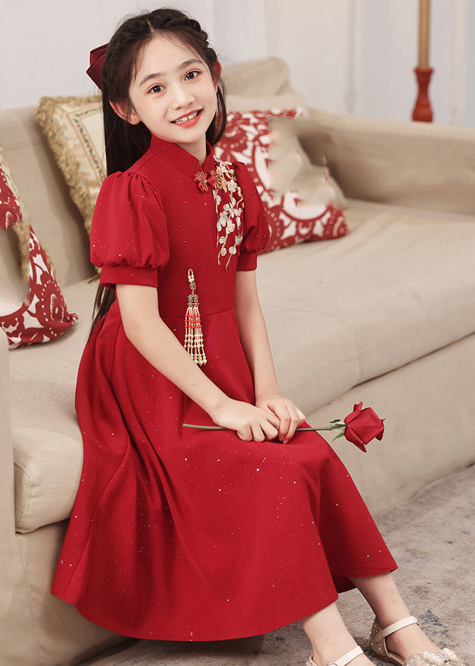 Chinese Long Print Kids Patchwork Style Sleeve Red Dress Puff FashionChic