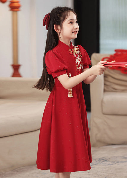 Chinese Long Print Kids Patchwork Style Sleeve Red Dress Puff FashionChic