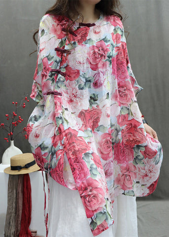 Cotton Sleeve Print Half Roses Chinese Style Red Shirts FashionChic