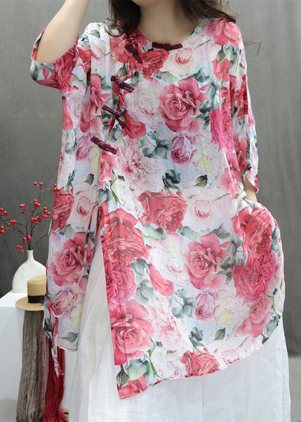 Cotton Sleeve Print Half Roses Chinese Style Red Shirts FashionChic