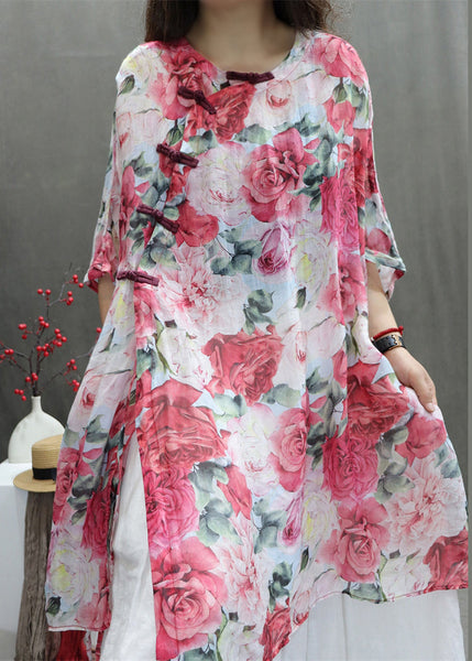 Cotton Sleeve Print Half Roses Chinese Style Red Shirts FashionChic
