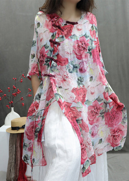 Cotton Sleeve Print Half Roses Chinese Style Red Shirts FashionChic