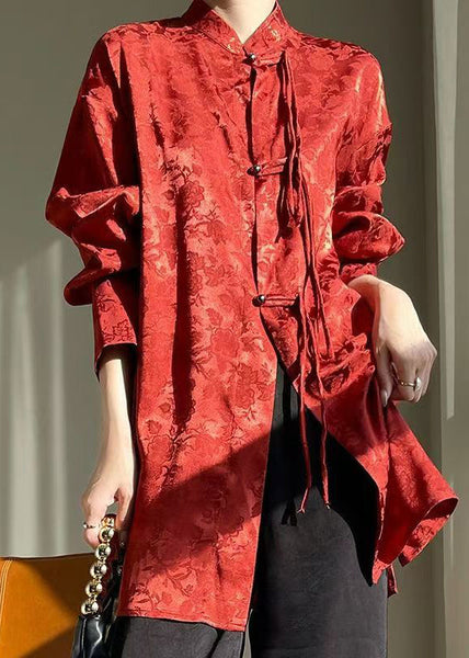 Chinese Style Red Stand Collar Button Silk Shirt Fall AB1002 Genistyle Shop